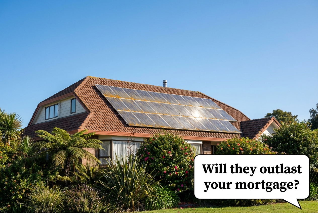 Solar panels on an established New Zealand home with mature garden, speech bubble asking will they outlast your mortgage
