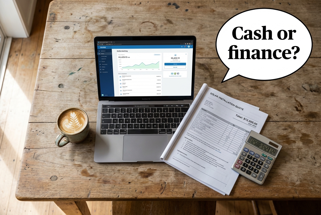 Kitchen table with solar quote, laptop showing banking app, calculator and coffee, deciding how to pay for solar