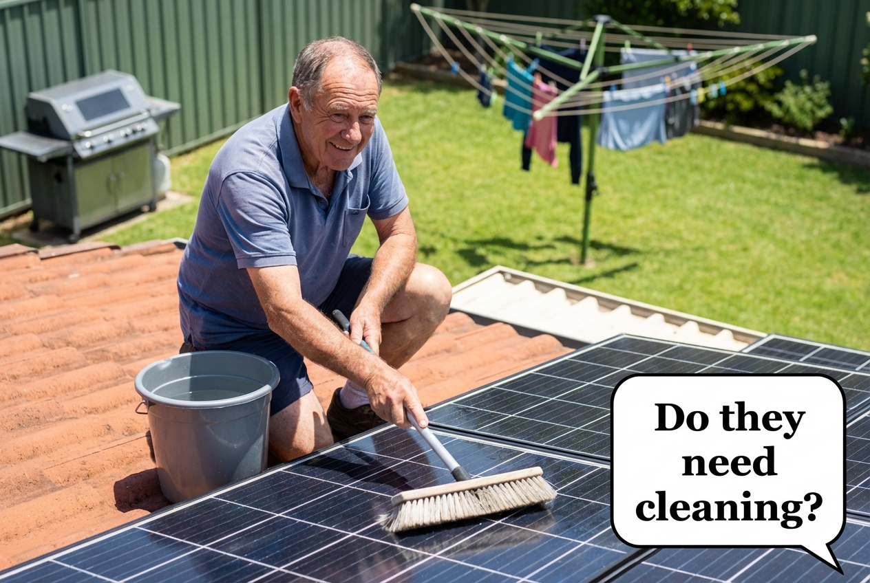 Person cleaning solar panels on a New Zealand house roof with a soft brush and bucket in a suburban backyard